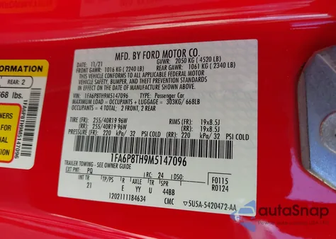 2021 Ford Mustang Ecoboost Fastback из США, поврежденный, VIN 1FA6P8TH9M5147096